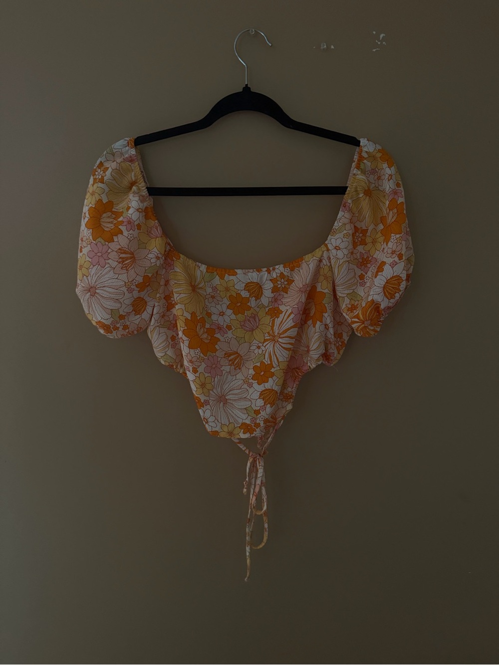 Floral Puff-Sleeve Crop Top in Yellow & Pink